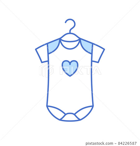 Baby bodysuit thin line icon isolated on white background. Blue newborn girl and boy clothing on hanger with heart. Sign or logo children fashion store design. Kids cloth outline vector illustration. Baby bodysuit thin line icon isolated on white background. Blue newborn girl and boy clothing on hanger with heart. Sign or logo children fashion store design. Kids cloth outline vector illustration. 84226587