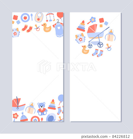 Baby store flat banner template. Vertical advertising web element design. Kids accessories clothing toy diaper apparel supermarket. Baby shower gifts. Children products background illustration. 84226812
