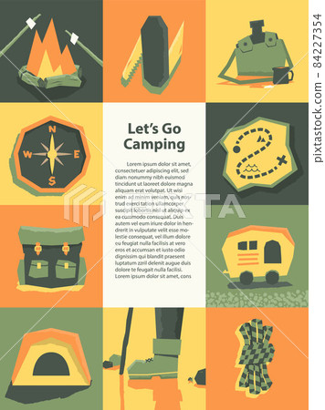 camping and hiking equipment gear symbol flat style illustration vector design banner template for summer camp flyers and posters. Camping concept. camping and hiking equipment gear symbol flat style illustration vector design banner template for summer camp flyers and posters. Camping concept. 84227354