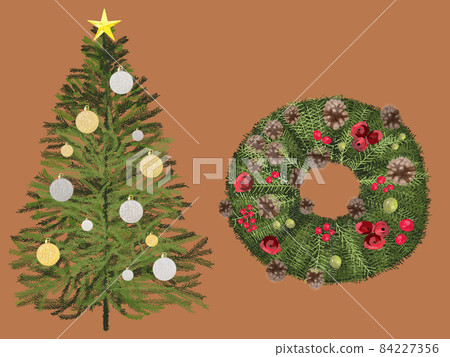 Christmas tree and wreath set brown background_real touch_horizontal Christmas tree and wreath set brown background_real touch_horizontal 84227356
