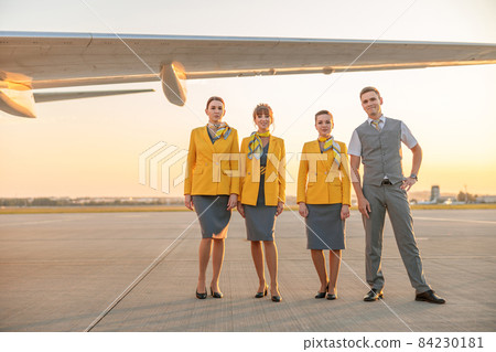 Airline workers standing near airplane wing at airport 84230181