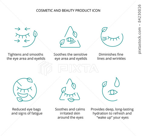 Eye patch, cream, mask cosmetic and beauty product icon set for web, packaging design. Vector stock illustration isolated on white background. 84230816