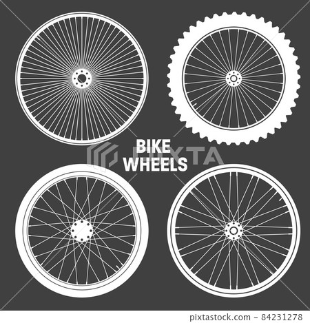 White bicycle wheel symbols collection. Bike rubber tyre silhouettes. Fitness cycle, road and 84231278