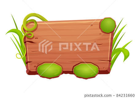 Jungle wooden frame with grass and liana, user interface, menu board in comic cartoon style isolated on white background. 84231660