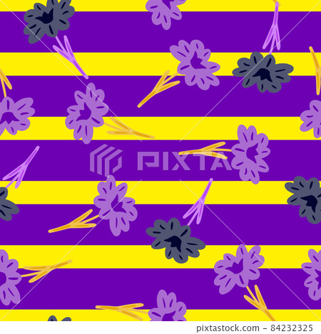 Seamless pattern with hand drawing wild flowers on yellow purple striped background. Vector floral template in doodle style. Gentle summer botanical texture. 84232325