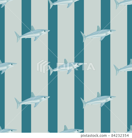 Seamless pattern shark Mako on blue gray striped background. Animal templates for fabric. Seamless pattern shark Mako on blue gray striped background. Animal templates for fabric. 84232354