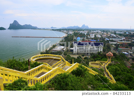 Beautiful yellow staircase, Endless staircase to Public place Wat Khao Chong Krachok Temple ( Wat Thammikaram Worawihan) 84233113