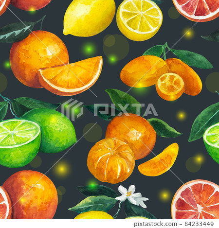 Seamless pattern with citrus fruits on holiday fairy background. Watercolor illustration for design and textile.  84233449