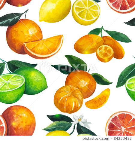 Seamless pattern with citrus fruits on holiday fairy background. Watercolor illustration for design and textile. Seamless pattern with citrus fruits on holiday fairy background. Watercolor illustration for design and textile. 84233452