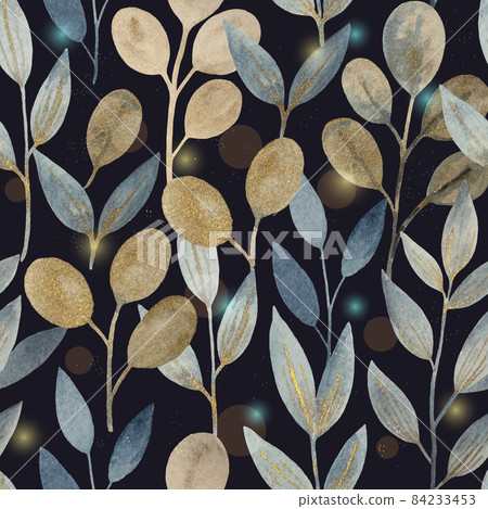 Watercolor fairy seamless pattern with golden shimmering abstract plants and leaves for fabric and design. 84233453