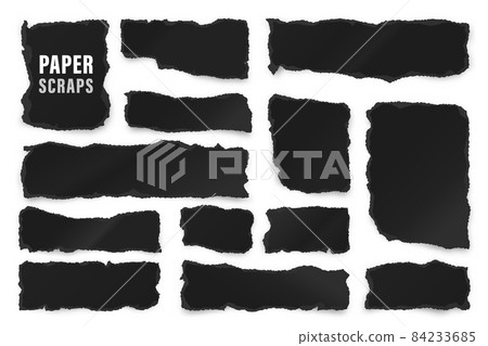 Ripped black paper strips. Realistic crumpled paper scraps with torn edges. Shreds of notebook pages Ripped black paper strips. Realistic crumpled paper scraps with torn edges. Shreds of notebook pages 84233685