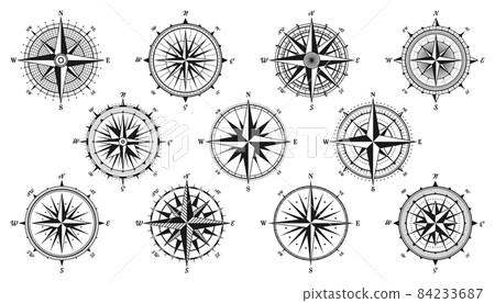 Vintage marine wind rose, nautical chart. Monochrome navigational compass with cardinal directions 84233687