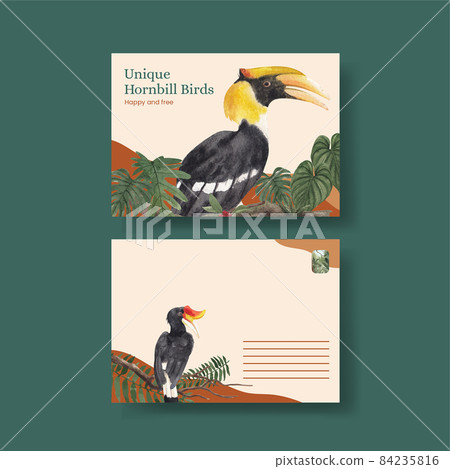 Postcard template with hornbill bird concept,watercolor style 84235816