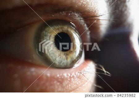 Males single eye looking away, pupil and retina in extreme macro shot 84235982