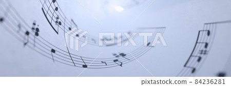 White paper with musical notes rolled up closeup background 84236281
