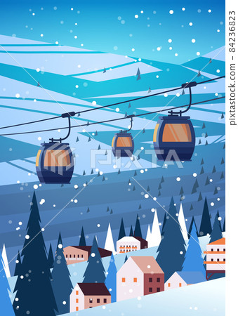 cableway in snowy mountains residential houses area ski resort christmas new year holidays celebration winter vacation 84236823