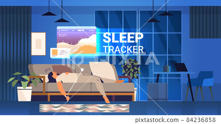 young woman sleeping in bed with electronic smart watch app tracker on hand quality and quantity sleep control 84236858