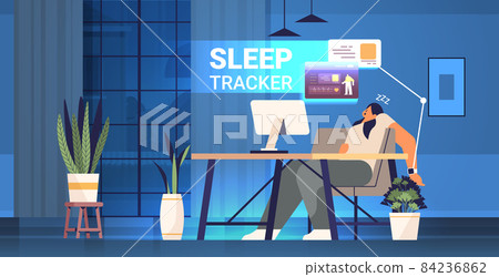 tired woman with electronic smart watch app tracker on hand sleeping at workplace quality and quantity sleep control tired woman with electronic smart watch app tracker on hand sleeping at workplace quality and quantity sleep control 84236862
