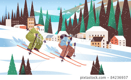 people skiing man woman tourists couple doing activities winter vacation concept snowfall landscape background people skiing man woman tourists couple doing activities winter vacation concept snowfall landscape background 84236937