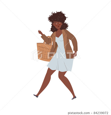 Female with Curly Hair Walking with Wicker Shopping Bag Vector Illustration 84239072