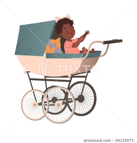 Pretty Little Girl Sitting in Baby Carriage or Pram Vector Illustration 84239073