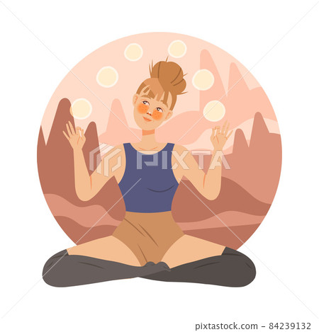 Beautiful girl meditating in Lotus pose. Young woman practicing yoga in nature cartoon vector illustration 84239132