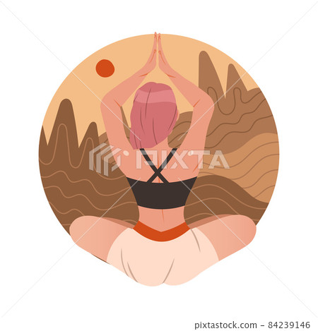 View from behind of girl meditating in Lotus pose. Girl practicing yoga against nature background cartoon vector illustration 84239146