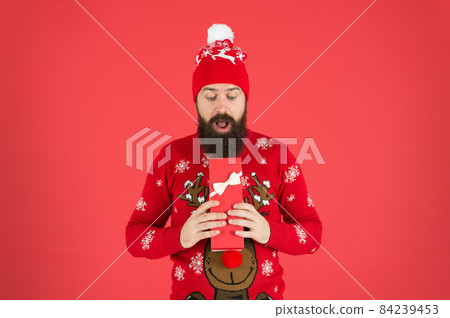 Shopping time. Respect traditions. Hipster in winter sweater. Shopping time. Respect traditions. Hipster in winter sweater. 84239453