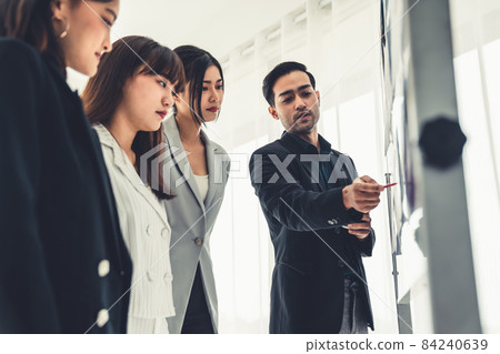 Business people proficiently discuss work project while sitting in circle 84240639