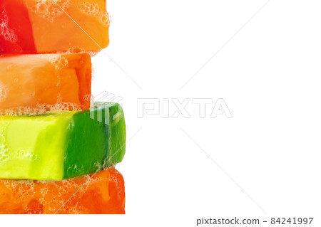 Colorful handmade soap bars on a white background Colorful handmade soap bars on a white background 84241997