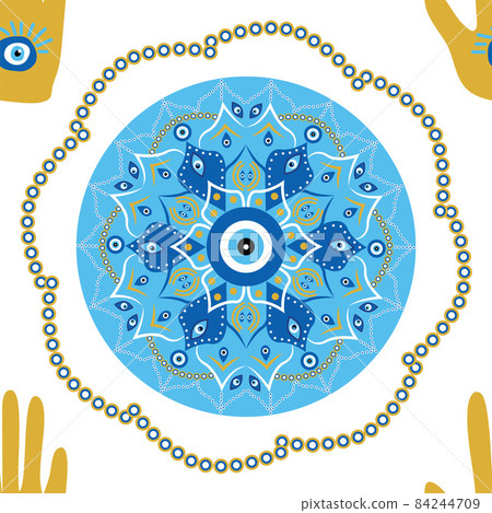 Mandala greek evil eye doodle seamless pattern. Magic, witchcraft, occult symbol, clip art line art collection. Hamsa eye, magical eye, decor element. 84244709