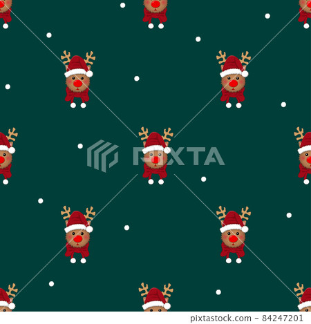 Reindeer Santa with Red Scarf and White Snow on Green Background. Reindeer Santa with Red Scarf and White Snow on Green Background. 84247201