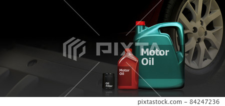 Motor oil and oil filter on a black background with a wheel and engine double exposure backdrop Motor oil and oil filter on a black background with a wheel and engine double exposure backdrop 84247236