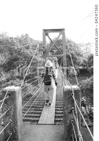 A female traveling across a suspension bridge over a valley 84247360