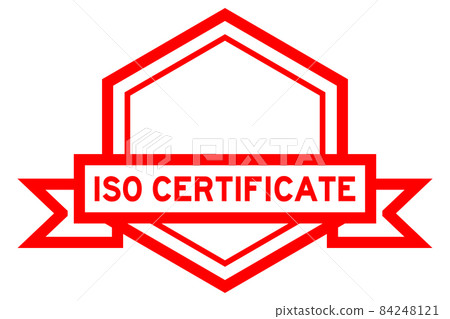 Vintage red color hexagon label banner with word ISO certificate on white background Vintage red color hexagon label banner with word ISO certificate on white background 84248121