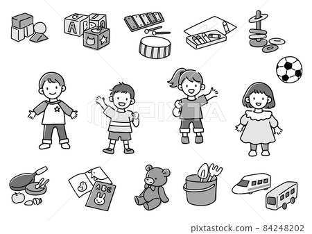 Illustration set of children and toys monochrome 84248202