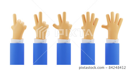 Cartoon character hand counting from one to five isolated on white background, set 3d render illustration. Business arms in blue jacket with raised fingers. Finger counter, gestures concept 84248412