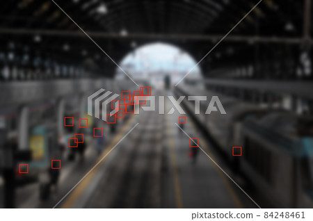 Face recognition signs and tags on people faces. Privacy and personal data protection. 84248461