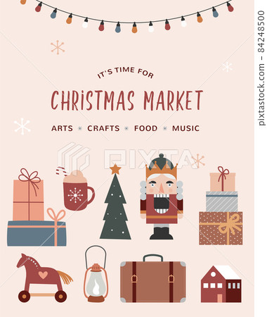 Vintage style Merry Christmas poster, Christmas market, street fair concept with retro icons and Vintage style Merry Christmas poster, Christmas market, street fair concept with retro icons and 84248500