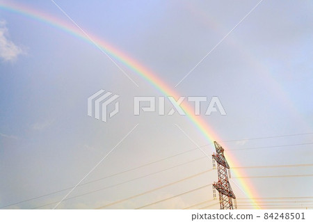 Electricity pylons with rainbow in background, global energy crisis, renewable energy and grid stability concept Electricity pylons with rainbow in background, global energy crisis, renewable energy and grid stability concept 84248501