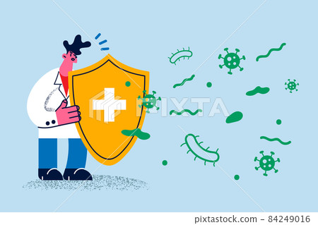 Doctor with shield protect from microbes and viruses Doctor with shield protect from microbes and viruses 84249016