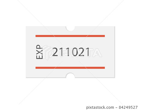 Expired date self-adhesive paper tag with two red stripes. Best before. Price label. White sticker to indicate the expiration date. Vector illustration isolated on white background 84249527