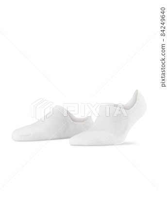 White color short mini socks mockup for design isolated on white background. Set of short socks for sports as mock up and label for advertising, logo, branding. Pair sport cotton socks. 84249640