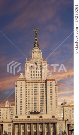 The Main building of Lomonosov Moscow State University on Sparrow Hills (on the background of the sky with clouds). It is the highest-ranking Russian educational institution. Russia The Main building of Lomonosov Moscow State University on Sparrow Hills (on the background of the sky with clouds). It is the highest-ranking Russian educational institution. Russia 84250261