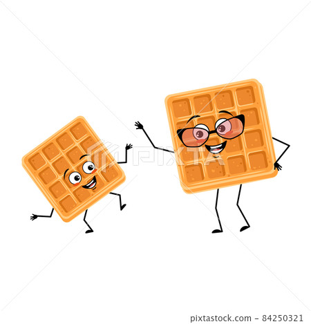 Cute character belgian waffle with happy emotions, face, smile, eyes, arms and legs. Cheerful baking people, dessert with joyful expression. Grandmother with glasses and grandson. Vector illustration Cute character belgian waffle with happy emotions, face, smile, eyes, arms and legs. Cheerful baking people, dessert with joyful expression. Grandmother with glasses and grandson. Vector illustration 84250321