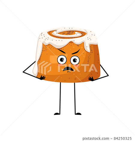 Cute cinnamon pastry bun character with angry emotions, grumpy face, furious eyes, arms and legs. Irritated baking person. Vector flat illustration Cute cinnamon pastry bun character with angry emotions, grumpy face, furious eyes, arms and legs. Irritated baking person. Vector flat illustration 84250325