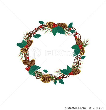 Round Christmas wreath of fir tree branches with golden cones, holly leaves and berries, pine needles. Festive decoration for New Year and interior decor Round Christmas wreath of fir tree branches with golden cones, holly leaves and berries, pine needles. Festive decoration for New Year and interior decor 84250338