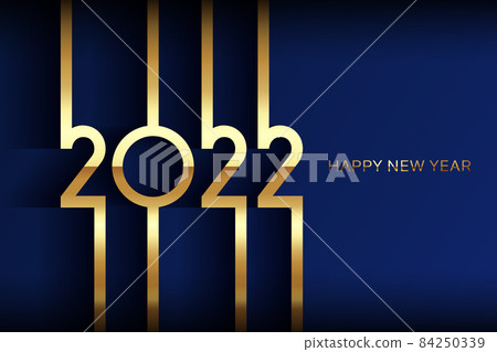 golden 2022 Happy New Year card with premium foil gradient texture lines, dark background. Festive luxury design for holiday card, invitation, calendar poster. 2022 New Year gold text on blue 84250339