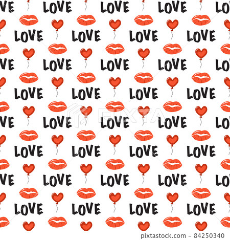 Seamless pattern with hearts balloon, lips and word love. Holiday decoration, valentine day print, wedding, gift wrapping paper, textiles and holiday design 84250340
