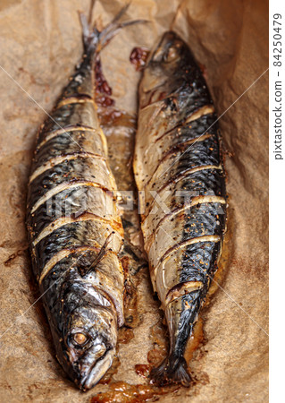 Mackerel barbeque. Scomber fish grill, roast seafood 84250479